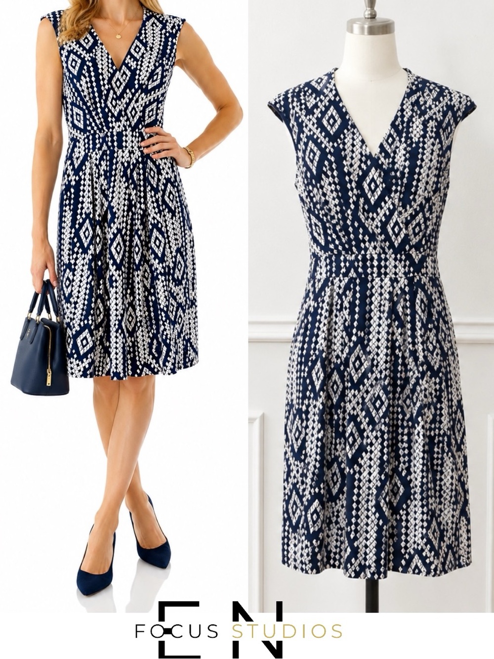 Enfocus Studio |NWOT Navy Ivory Geometric V-Neck Printed Fit Flare Dress (6) - Picture 1 of 11
